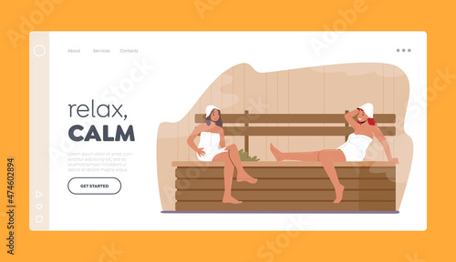 People Wellness, Hygiene Landing Page Template. Sauna Relaxation, Body Care Therapy, Couple of Women Friends in Bath