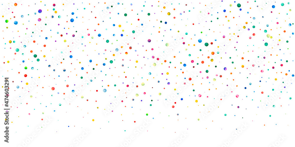 Watercolor confetti on white background. Alluring rainbow colored dots. Happy celebration wide colorful bright card. Original hand painted confetti.