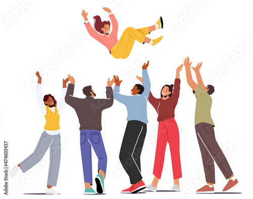 Happy People Toss Up Person Celebrating Success, Group of Positive Friends Celebrate Victory Achievement Together