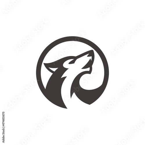Simple howling wolf head with circle frame vector illustration. Wolf head badge emblem logo icon