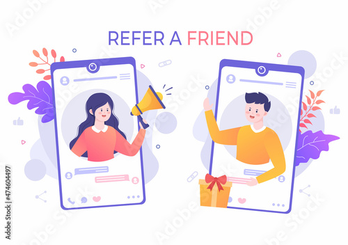 Refer a Friend Flat Design Illustration with Megaphone on Screen Mobile Phone and Social Media Marketing for Friends via Banner, Background or Poster