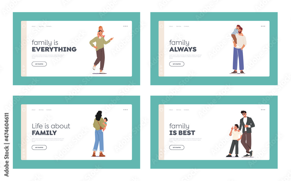 Loving Parents with Children Landing Page Template Set. Mother and Father Characters Holding Babies or Toddlers on Hands Loving Parents with Children Landing Page Template Set. Mother and Father Characters Holding Babies or Toddlers on Hands