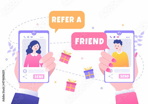 Refer a Friend Flat Design Illustration with Megaphone on Screen Mobile Phone and Social Media Marketing for Friends via Banner, Background or Poster
