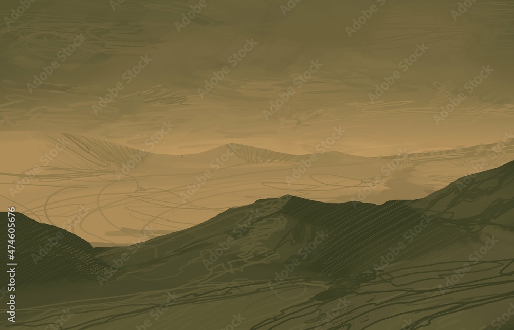Empty rural landscape illustration. Alien world space art. - obrazy, fototapety, plakaty 