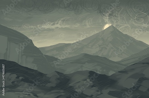 Fototapeta Empty rural landscape illustration. Alien world space art.