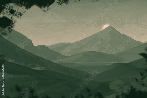 Fototapeta Empty rural landscape illustration. Alien world space art.