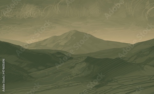 Empty rural landscape illustration. Alien world space art.