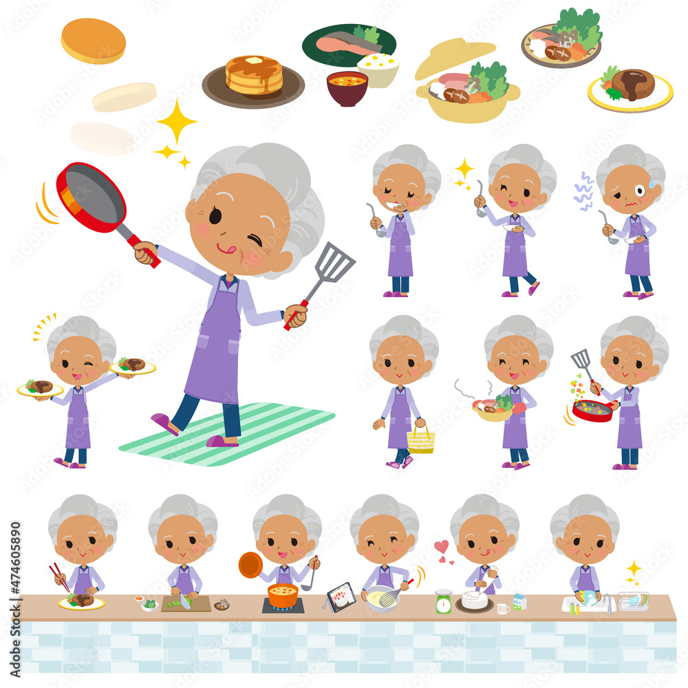 料理に関する薄紫ジャージ高齢女性のセット