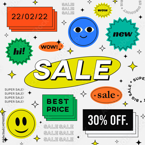 Cool Trendy Sale Banner 90s Design. Abstract Promo Illustration with Stickers, Patches, Badges and Labels Vector Design.