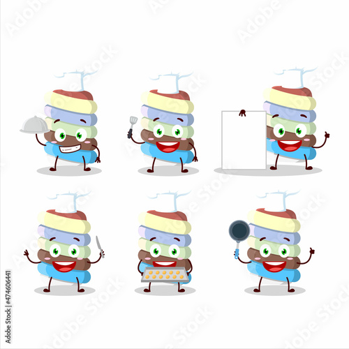 Cartoon character of rainbow marshmallow twist with various chef emoticons