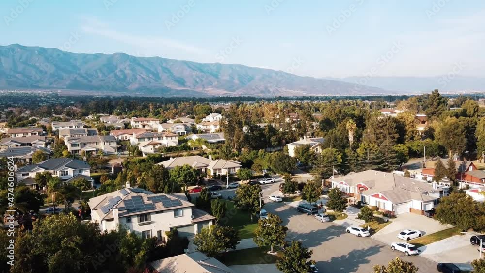 Aerial panoramic view over American city Rancho Cucamonga. USA. Slow motion Aerial panoramic view over American city Rancho Cucamonga. USA. Slow motion