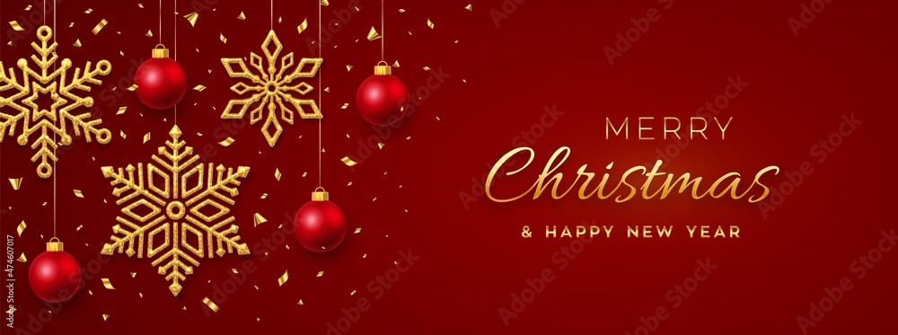Christmas red background with hanging shining golden snowflakes and balls. Merry christmas greeting card. Holiday Xmas and New Year poster, web banner, header website. Vector Illustration. Christmas red background with hanging shining golden snowflakes and balls. Merry christmas greeting card. Holiday Xmas and New Year poster, web banner, header website. Vector Illustration.
