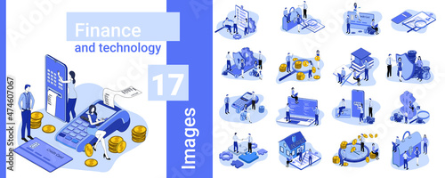 Finance and technology.A set of illustrations in business style.A collection of images on the topic of business relations and technology.Flat vector illustration.