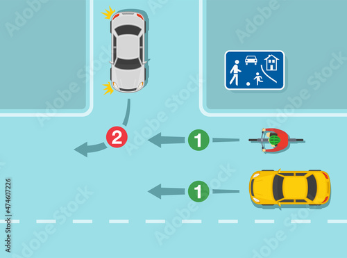 Safety driving and traffic regulating rules.Give way to all vehicles and cyclists when leaving living street or residential area.Three-leg priority intersection. Flat vector illustration template.