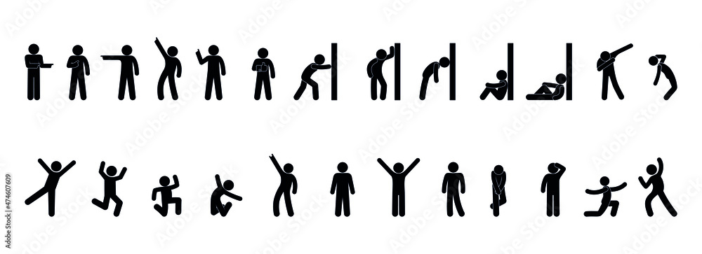 man icons set, stick figure pictograms people stand, various poses, stickman postures