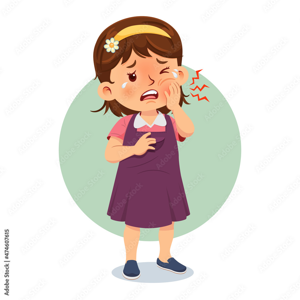 Little girl having toothache. Child holding his cheek. Health problems
