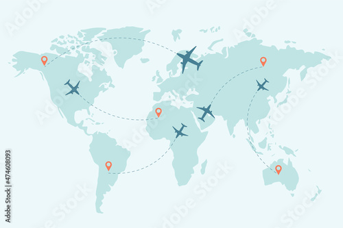 World map whit dashed trace line and airplanes flying. Travel concept. Vector illustration.