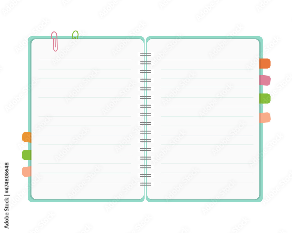Blank open spiral notepad. Notepad with bookmarks and paper clips. Template for text for web design or advertising. Blank open spiral notepad. Notepad with bookmarks and paper clips. Template for text for web design or advertising.
