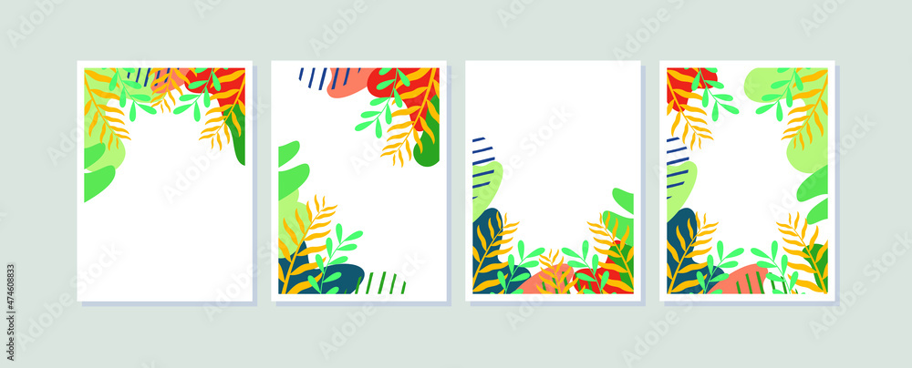 Set of 4 poster frame for wall art of interiors. Modern vector of Nature illustration. Abstract silhouettes tropical leaves. Minimalist geometric shapes of floral ornament