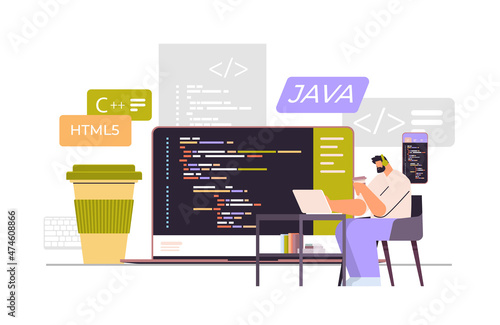 web developer creating program code on laptop screen development of software and programming concept