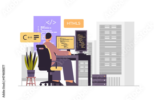 web developer creating program code on computer monitor development of software and programming concept