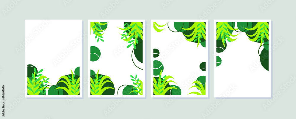 Set of 4 poster frame for wall art of interiors. Modern vector of Nature illustration. Abstract silhouettes tropical leaves. Minimalist geometric shapes of floral ornament