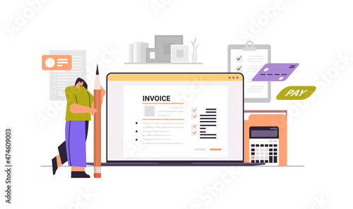 businesswoman calculating invoice on laptop screen accounting bookkeeper clerk woman advisor auditor