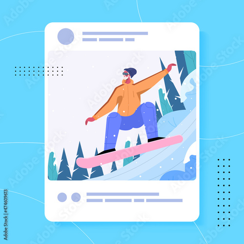 man blogger snowboarding and sharing photo at social network girl making post for followers social media addiction