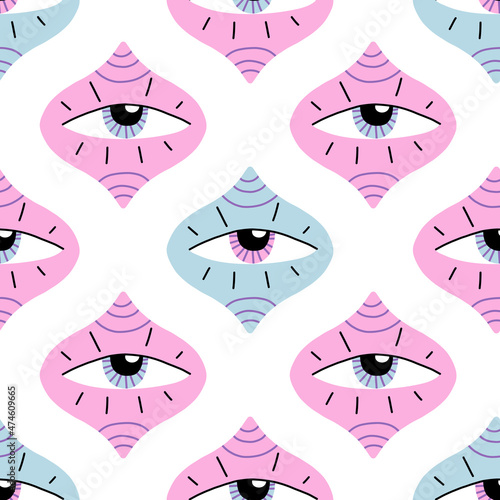 All-seeing eye, third eye, esoteric, indigo, mystic, magic vision contemporary seamless pattern. Tile with pink eyes.