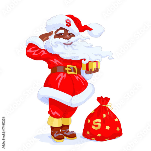 Black Santa Claus salutes. African American in New Years character costume holds a gift box while standing near his red bag with Christmas surprises. Funny vector drawing