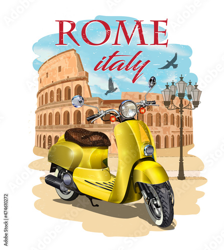 Rome typography for t-shirt print with Colosseum and retro scooter.Vintage poster. 
