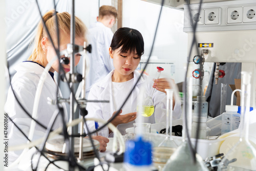 portrait of intelligent young Chinese girl working with reagents in test tubes during chemical experiment with female groupmate in student lab