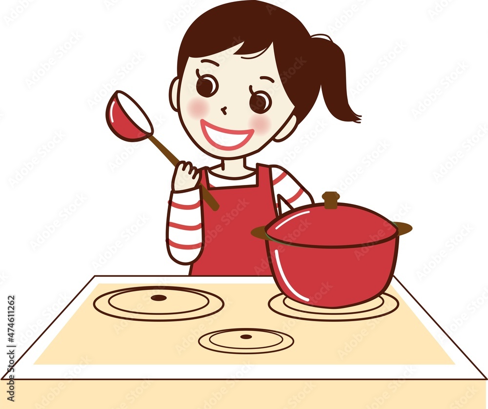 IHコンロで料理をするエプロン姿の笑顔の女性。 IHコンロで料理をするエプロン姿の笑顔の女性。