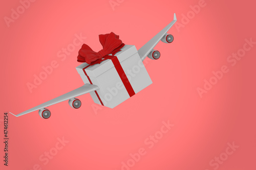 gift box with wings on pink background. Isolated 3D illustration