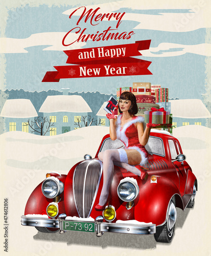Christmas pin-up girl with gift box in hands while sitting on retro car.Merry Christmas and Happy New Year postcard.