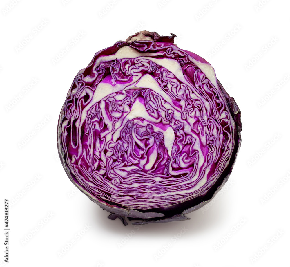 Beautiful texture red cabbage cut in half isolated on a white background Beautiful texture red cabbage cut in half isolated on a white background
