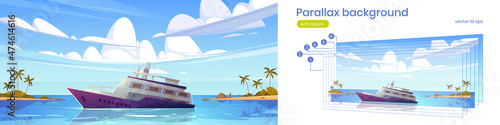 Sunken cruise ship in sea harbor with palm trees on sand beach. Vector parallax background for 2d animation with cartoon tropical summer landscape with old passenger liner sinking in ocean