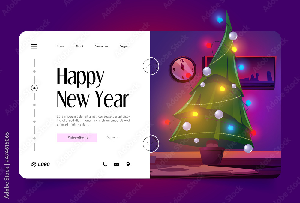 Happy New Year cartoon landing page. Room at Christmas night, home interior with decorated potted fir tree with toys and glowing garlands, Xmas eve celebration, winter holidays, Vector web banner - obrazy, fototapety, plakaty 
