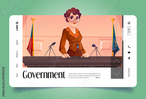 Government banner with woman politician on podium with microphones and flag of USA. Vector landing page with cartoon illustration of female politics speaker on press conference