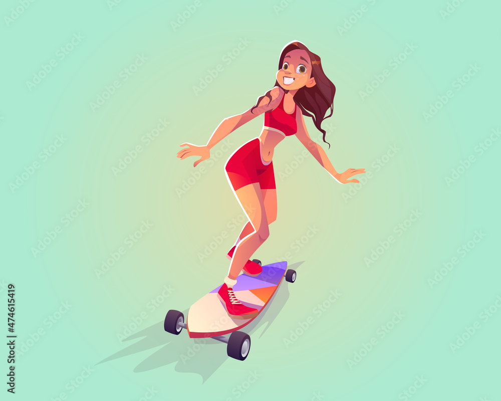 Cute girl riding on skateboard. Vector cartoon illustration of young woman character engaged extreme sport activity. Female teenager skater on board isolated on background