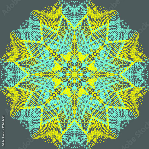 Decorative round floral pattern in blue and yellow