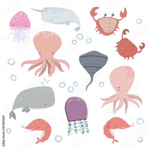 Sea inhabitants funny set with isolated cartoon images of msrine animals and fishes on white background, vector illustration. All elements isolated.