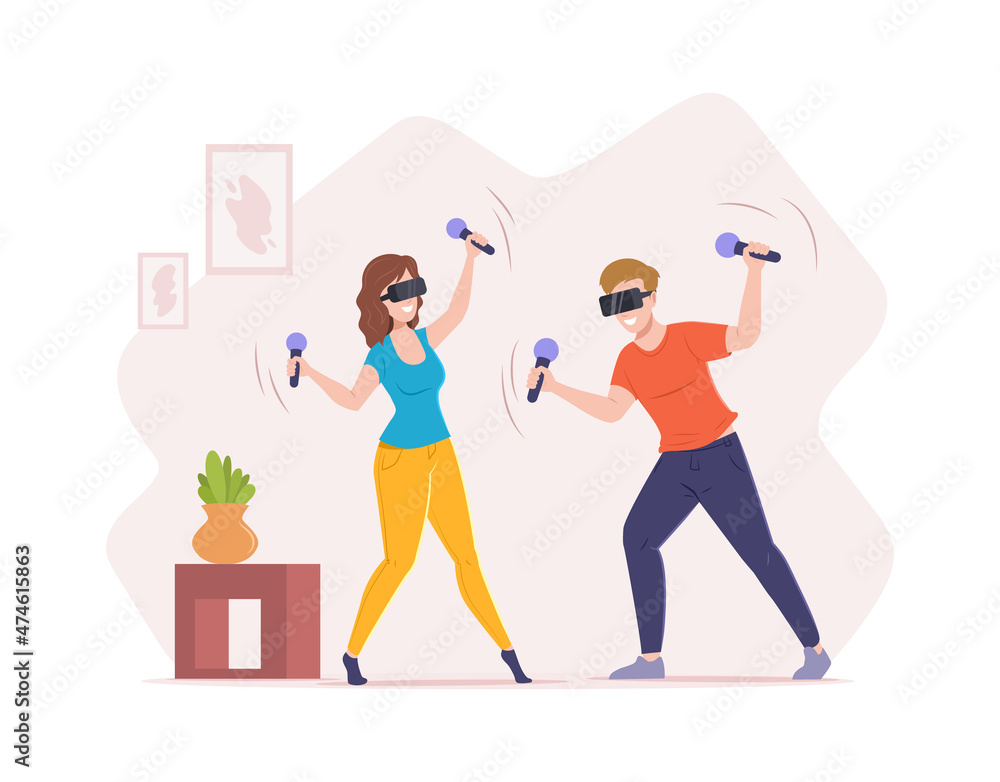 Happy couple in virtual reality goggles holding motion controller playing cyberspace game simulator Happy couple in virtual reality goggles holding motion controller playing cyberspace game simulator