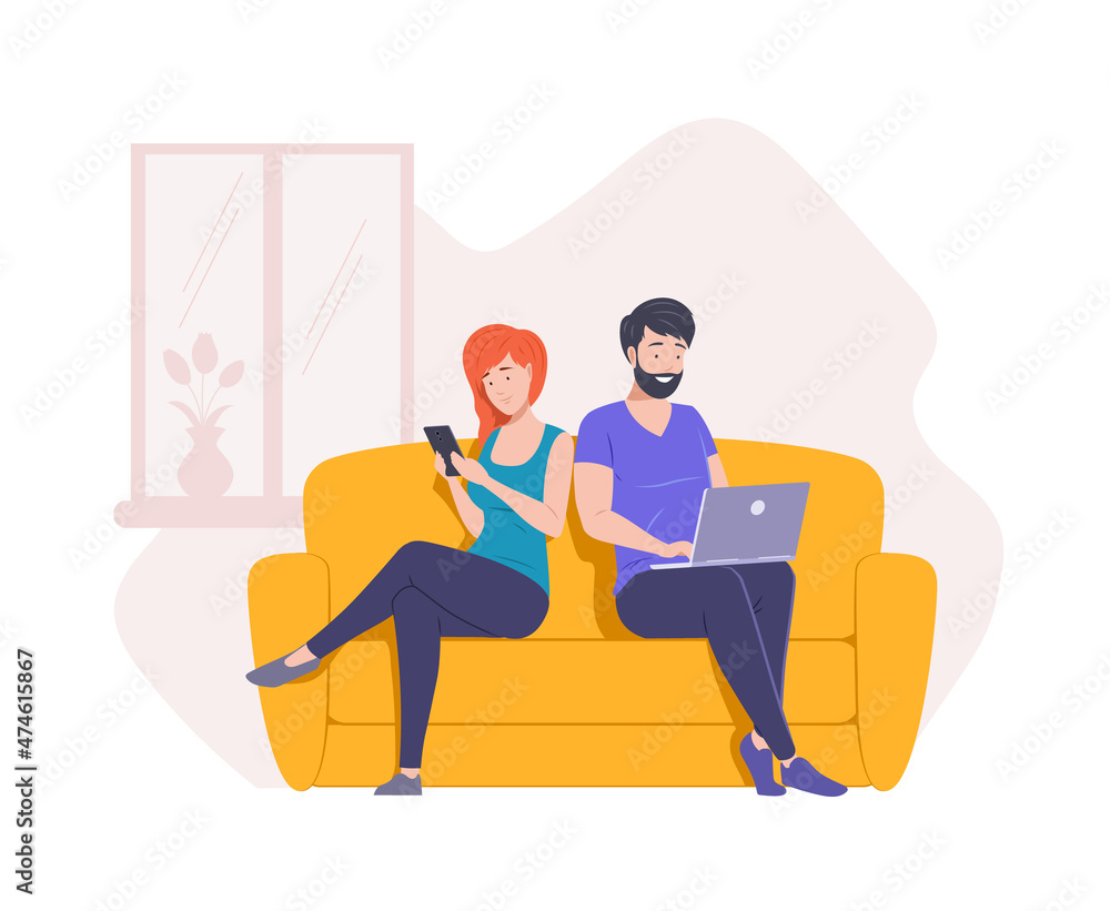 Relaxed man and woman sitting on couch browsing internet use laptop chatting on smartphone