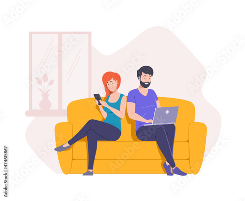 Relaxed man and woman sitting on couch browsing internet use laptop chatting on smartphone