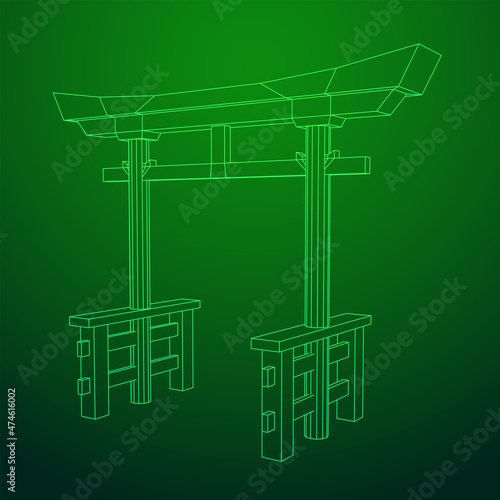 Torii sacred traditional gate. Symbol of Japan,shintoism religion. Japanese Tori arch ancient entrance. Wireframe low poly mesh vector illustration