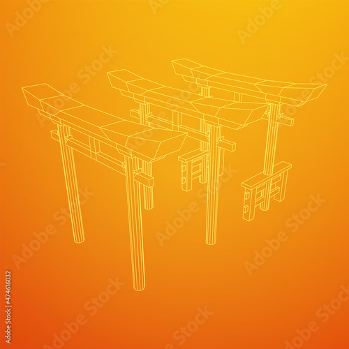Torii sacred traditional gate. Symbol of Japan,shintoism religion. Japanese Tori arch ancient entrance. Wireframe low poly mesh vector illustration