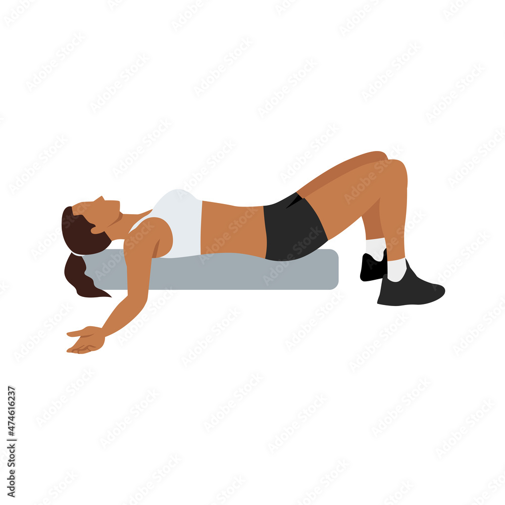 Woman doing Foam roller chest opener stretch exercise. Flat vector illustration isolated on white background Woman doing Foam roller chest opener stretch exercise. Flat vector illustration isolated on white background