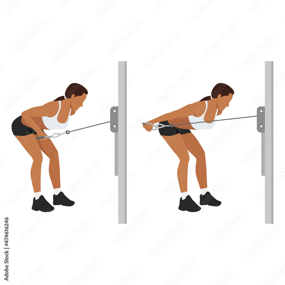 Fototapeta premium Woman doing Cable triceps kickbacks exercise. Flat vector illustration isolated on white background
