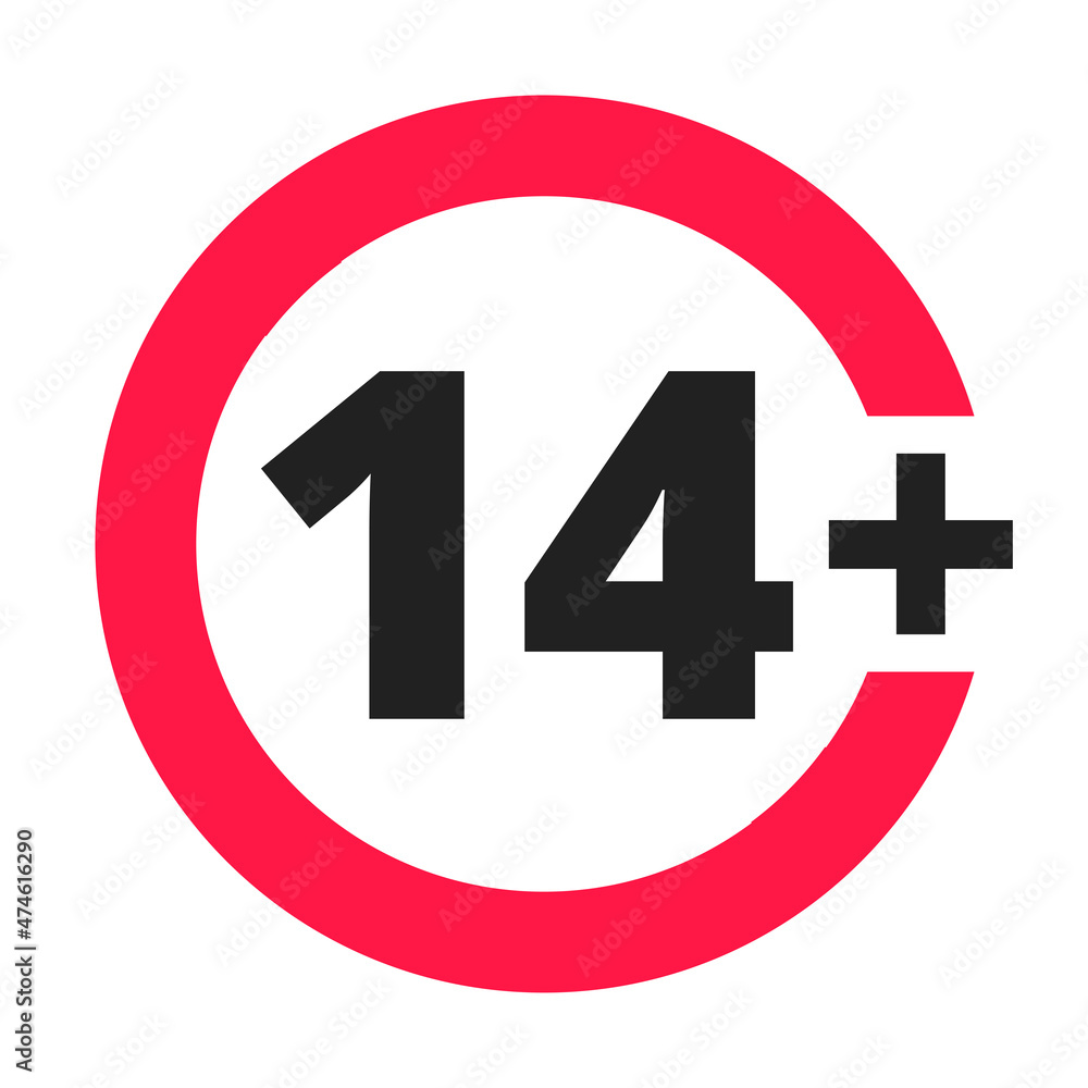 Over 14 years old plus forbidden round icon sign vector illustration. 14 plus only or older persons adult content rating isolated on white background. - obrazy, fototapety, plakaty 